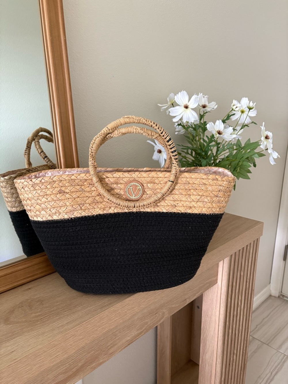 Vera Straw Tote Bag with Black Base and Round Handles - Picture 4 of 8